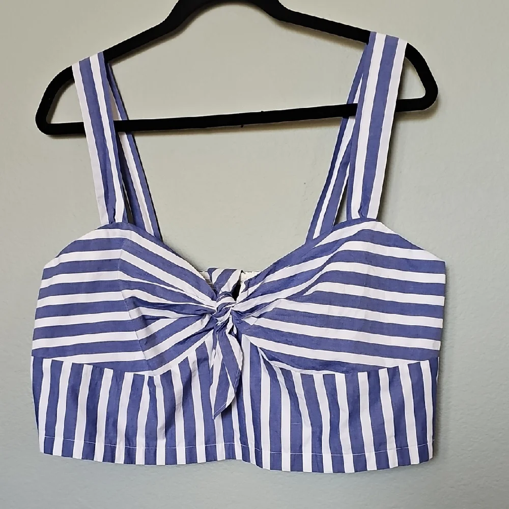 J. Crew Blue White Striped Crop Twist Tie Front Tank Smocked Back Top XXL NWT